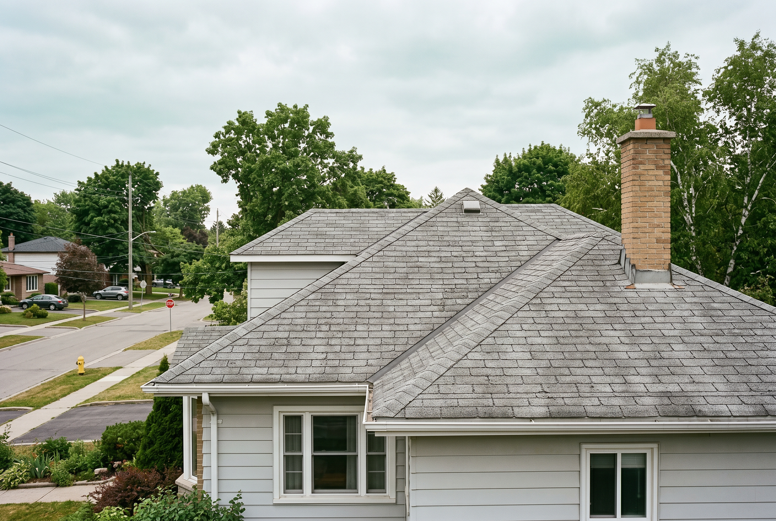 A plain grey shingle house roof before solar panels are installed