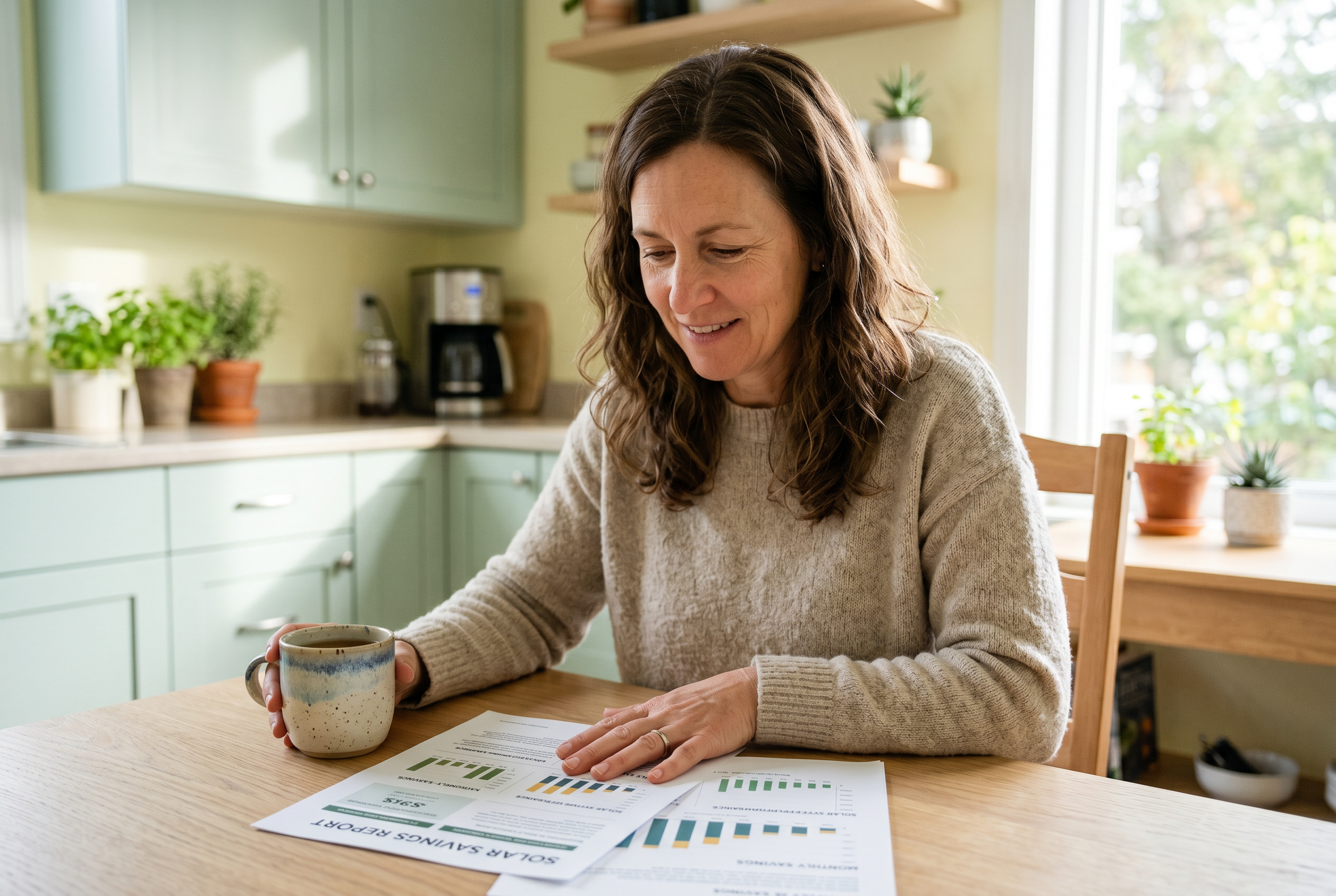 A woman at her kitchen table reading a printed solar savings report