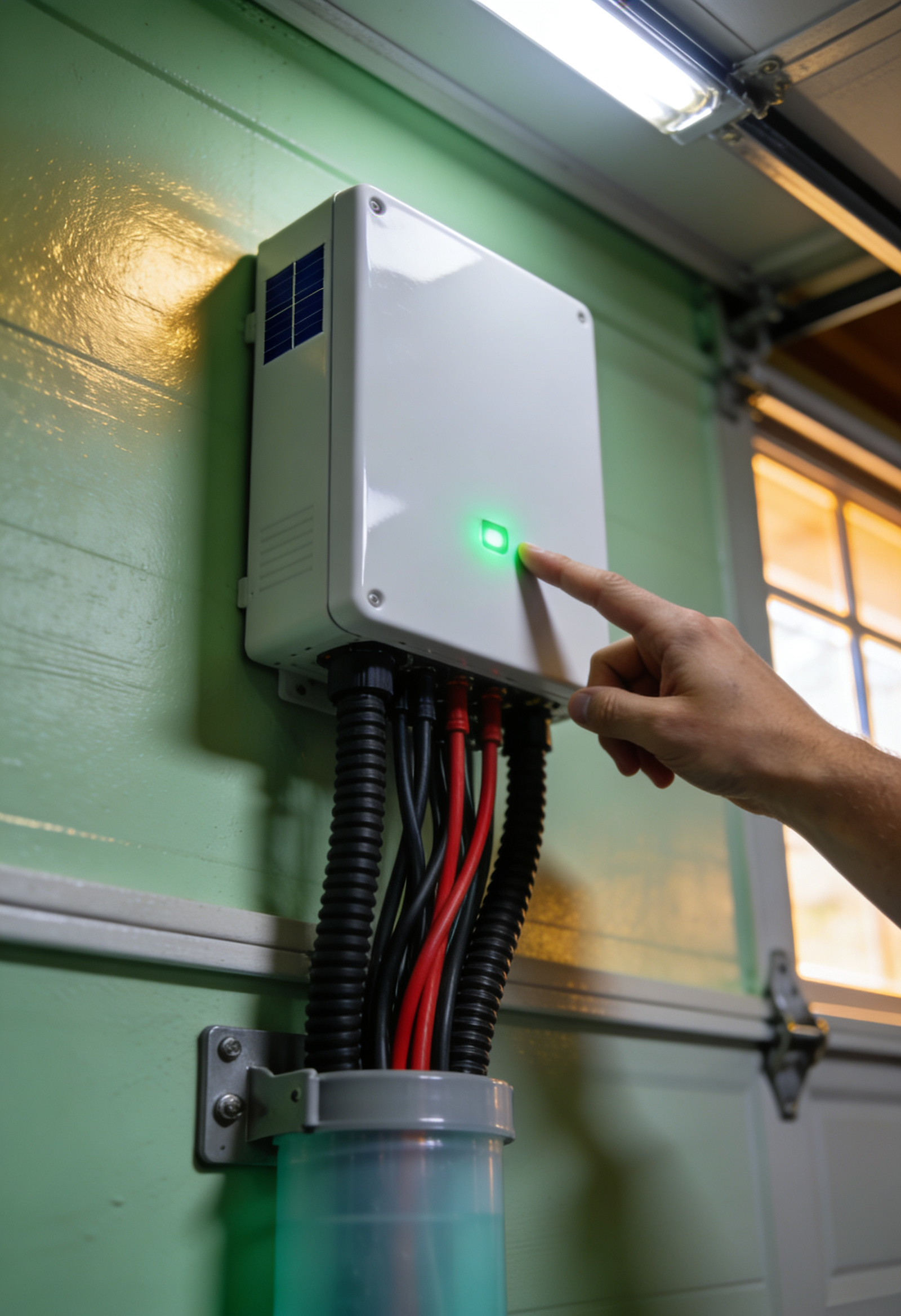 A technician pointing at a wall-mounted solar inverter in a garage