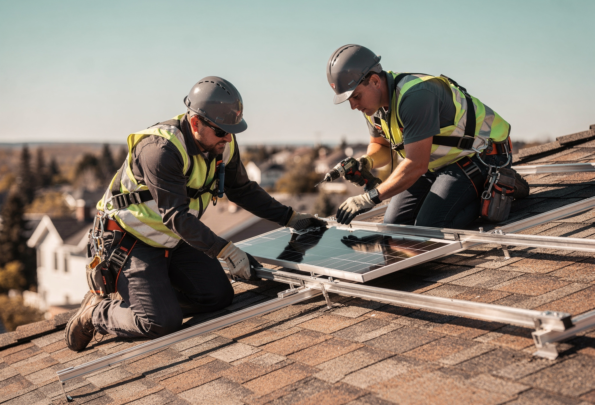 Two installers in safety gear mounting a solar panel on a rooftop