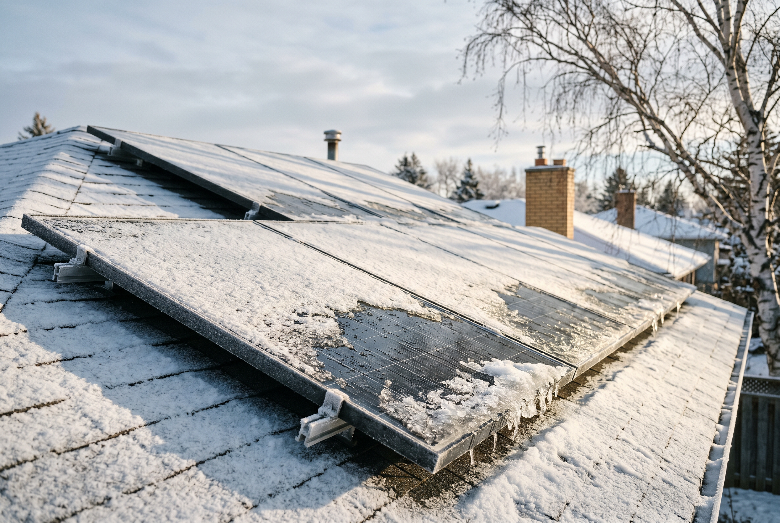 Rooftop solar panels lightly covered with melting winter snow