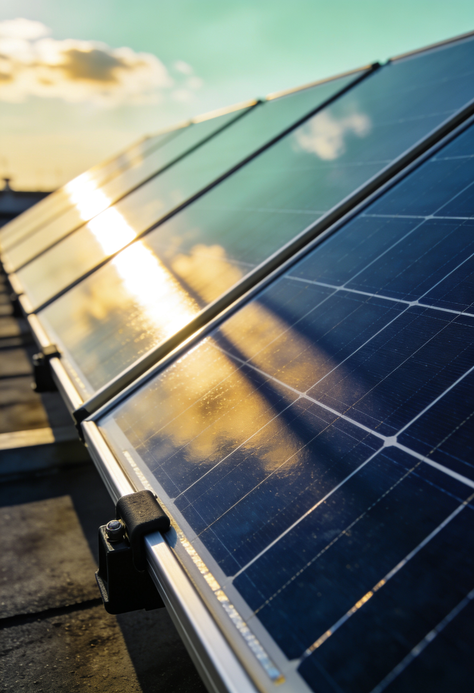Close-up along a row of rooftop solar panels reflecting the sky