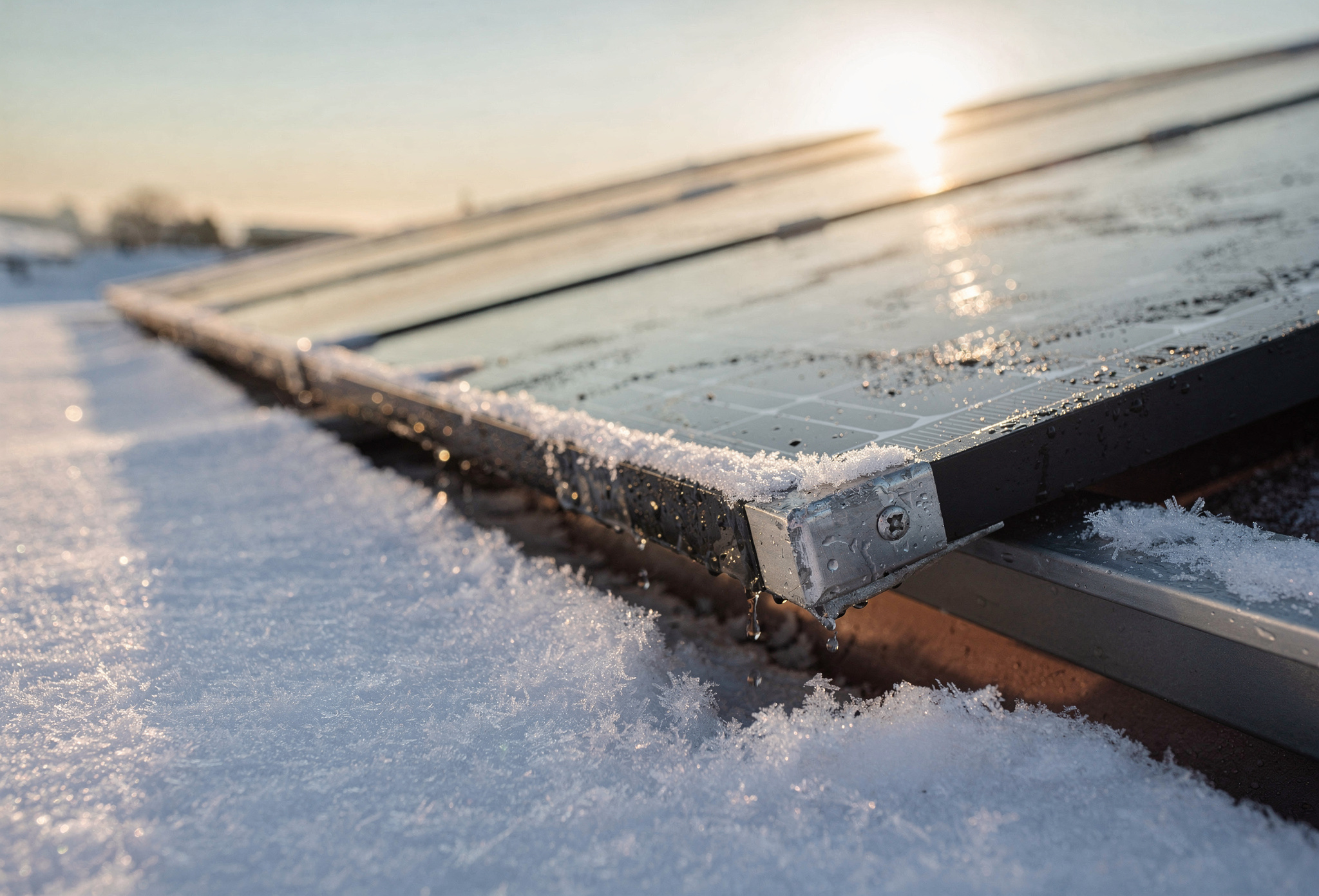 Winter sunrise light catching snow-edged rooftop solar panels